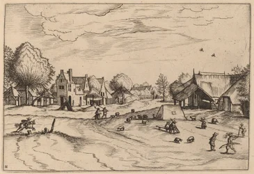 Landsby med sauer og sittende hyrde