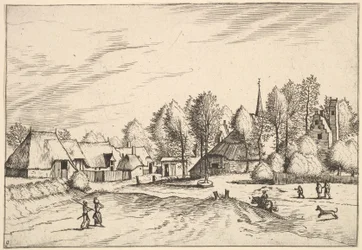 Landsby med kirketårn fra Multifariarum casularum landlige funksjoner cur..., 1559-61
