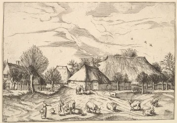 Gårder, storfe med gjetere og melkepiker i forgrunnen fra Multifariarum casularu..., 1559-61.