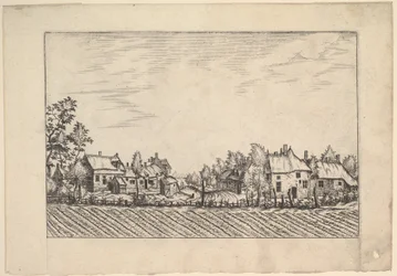 Gårder, pløyd åker i forgrunnen fra Praediorum villarum et rusticarum casu..., ca. 1559-61.