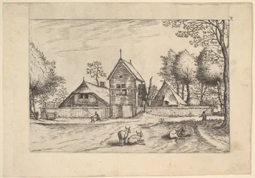 Gårdsgård, kyr og gjeter i forgrunnen fra Praediorum villarum et rusticar..., ca. 1559-61.