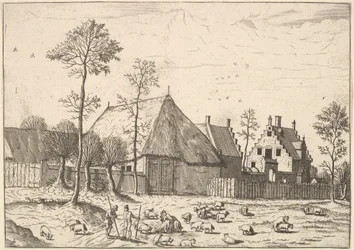 Skur med hytte, fra De små landskapene, 1559-61.