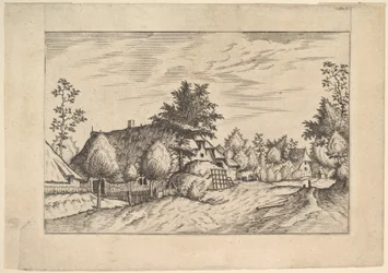 Landsbygate, høy stablet foran en gård fra Praediorum villarum et rusticar..., ca. 1559-61.