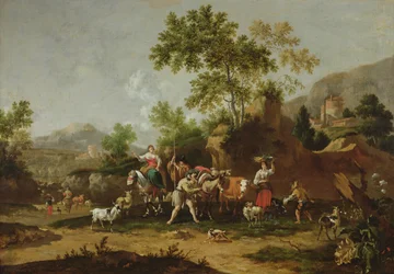 Italiensk landskap med figurer og dyr