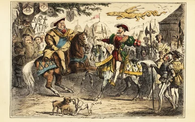 Henry VIII av England møter Frans I av Frankrike til hest på Field of the Cloth of Gold, 7. juni 1520