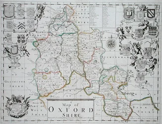 Kart over Oxfordshire, gravert og håndkolorert av John Oliver og Richard Palmer, utgitt av Philip Lea, ca. 1690 (fargegravering)