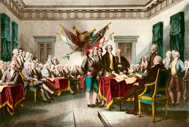 Undertegningen av USAs uavhengighetserklæring i 1776, gravering etter maleriet av John Trumbull (1756-1843), 1783, privat samling