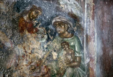 Fresco of Holy Family, Bysantine Church of Ayios Stephanos, Drakona, Kreta, Hellas (bilde)