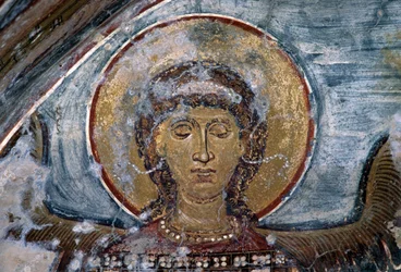Fresco med engel i den bysantinske kirken Agios Georgios, Vathi, Kreta, Hellas (bilde)