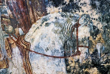 Hest, skadet freskomaleri i taket i kirken Agios Vasileios, Vavouledo, Kreta, Hellas (bilde)