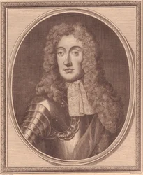 Portrett av James II av England (1633-1701), kobberstikk av John Goldar (1729-1795) fra maleri av G Kneller