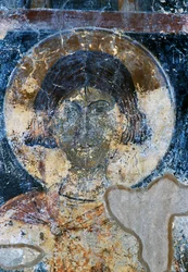 Saint, fresco av Ioannis Pagomenos i St Nicholas Chapel, Maza, Kreta, Hellas (bilde)