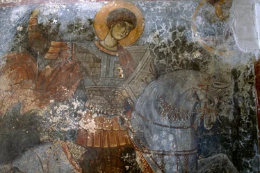 St George, freskomaleri av Ioannis Pagomenos i kirken Agios Georgios, Anidri, Kreta, Hellas