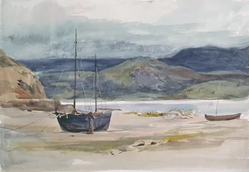Kupert kystscene med båter, 1800-tallet