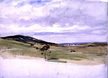 Landskap med vindmølle og landsby, 1800-tallet
