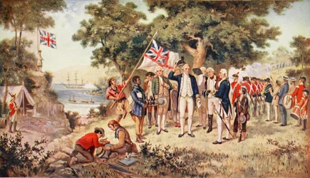 Kaptein Cooks overtakelse av New South Wales, 1770, illustrasjon fra «Hutchinsons historie om den britiske nasjonen», ca. 1923