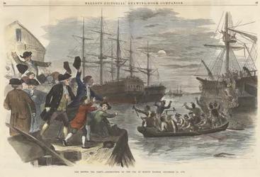 The Boston Tea Party? Ødeleggelse av teen i Boston Harbor, 16. desember 1773, fra puben Ballous Pictorial Drawing-Room Companion. 1865 (fargegravering)
