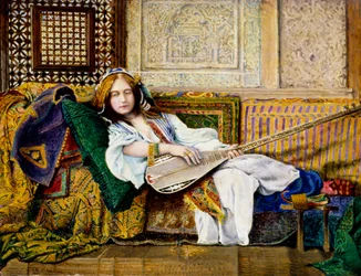 «I haremet» Kvinne kledd i orientalsk stil liggende på en sofa, holder en siterne (lutt). Maleri av John Atkinson Grimshaw (1836–1893).