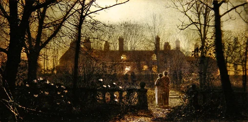 Månebelyst scene med to figurer (olje på panel)