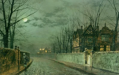 Gammelt engelsk hus, måneskinn etter regn, 1883