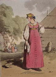 Bondepike, plate 27 fra bind I av "The Manners, Customs and Amusements of the Russians", gravert av kunstneren, pub. 1803 (akvatint)