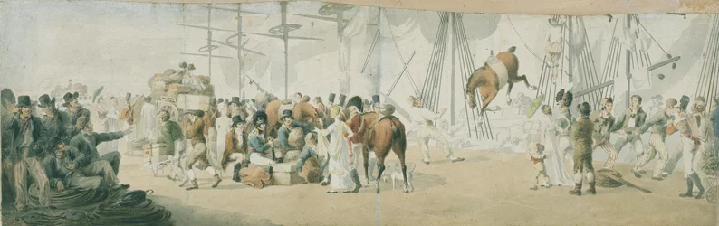 Ombordstigning av tropper og hester i Margate (England), rundt 1800. Akvarell (17,8x54 cm) av John Augustus Atkinson (1775-1833), tidlig på 1800-tallet.