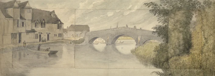 Hythe Bridge, Oxford, 1789 (akvarell over grafitt på tre papirark limt på et større ark)