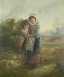 To landjenter som bærer blomster