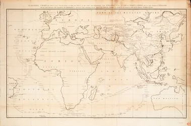 Et generelt diagram basert på Mercators projeksjon som viser sporet til «Løven» og «Hindostan» fra England til Pekingbukta i Kina og deres retur tilbake til England.