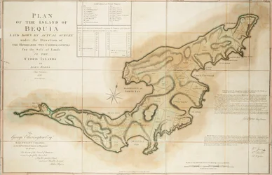 Plan over øya Bequia, fastsatt ved faktisk oppmåling under ledelse av de ærede kommisjonærene for salg av landområder på de avståtte øyene, av John Byres sjefsmåler 1776