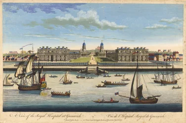Utsikt over Royal Hospital i Greenwich, ca. 1770 (farget etsing)
