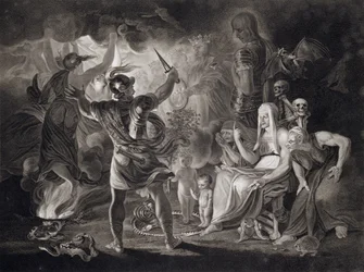 Macbeth, de tre heksene og Hekate i akt IV, scene I av «Macbeth» av William Shakespeare (1564-1616), utgitt 1805