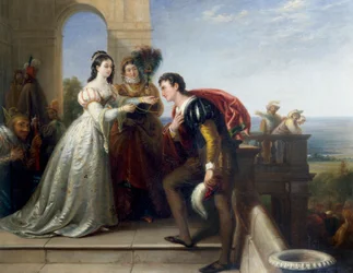 «Rosalind og Orlando» Figurer fra stykket «Som du vil» av William Shakespeare. (Rosalind og Orlando, fra Shakespeares «Som du vil»). Maleri av John Bridges (1818–1854). Privat samling.