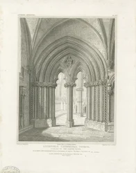 Interiør i Lichfield Cathedral - Chapter House-døråpning: gravering, nd [c 1819] (trykk)