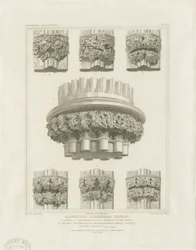 Interiør av Lichfield Cathedral - Klyngesøyle i kapittelhus og braketter i Lady Chapel: gravering, nd [c 1819] (trykk)