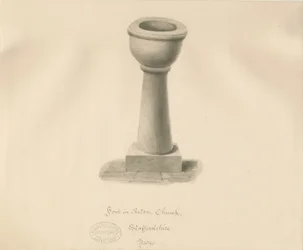 Font i Acton Trussell Church: sepia-tegning, 1841