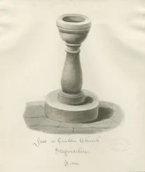 Font i Cauldon Church: sepia-tegning