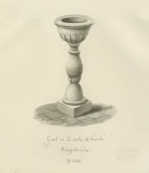 Font i Leek Church: sepia-tegning, 1844