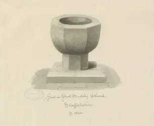 Font i Madeley Church: sepia-tegning
