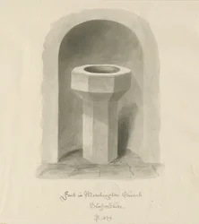 Font i Marchington Church: sepia vasketegning