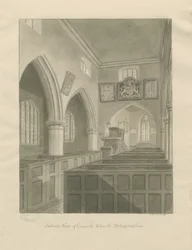 Interiør i Cannock Church: sepia-tegning