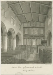 Interiør i Caverswall kirke: sepia tegning