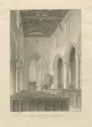 Interiør i Checkley Church: sepia-tegning