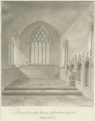 Interiør i Cheddleton Church: sepia-tegning