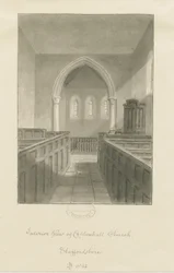 Interiør i Coppenhall Church: sepia-tegning