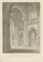 Interiør av Lichfield Cathedral - Kryss fra North Transept: sepia-tegning