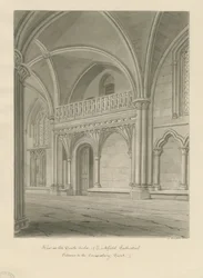 Interiør i Lichfield Cathedral - Inngang til Consistory Court: sepia-tegning