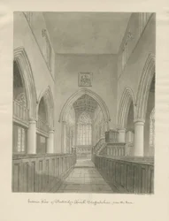 Interiør i Penkridge Church: sepia-tegning