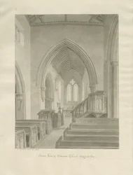 Interiør i Standon Church: sepia-tegning