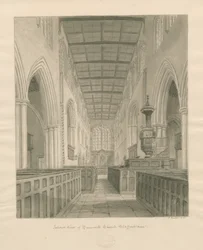 Interiør i Tamworth Church: sepia-tegning